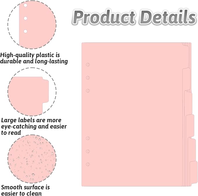 6 Pcs A5 Binder Dividers, 6 Holes Pink Clear Binder Divider Index with Tabs Insertable Plastic Index Divider Sheets for Binders Notebook Journal Diary Memo Notepad (Pink)