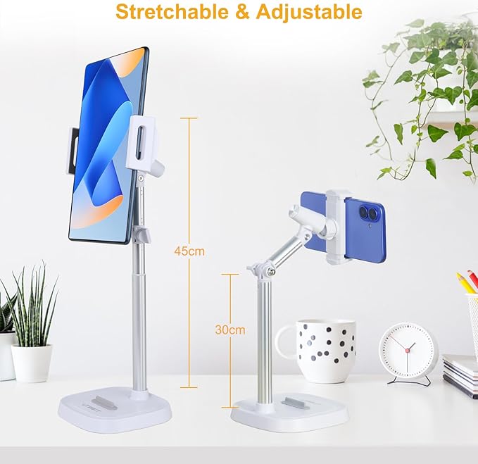 UTEBIT Phone Stand for Desk, 11.8''-17.7''Height Adjustable Tablet Phone Holder for Desk, Universal iPhone Holder Retractable Cell Phone Stand Recording Office for iPhone 17 16 15 Pro Max Air, White