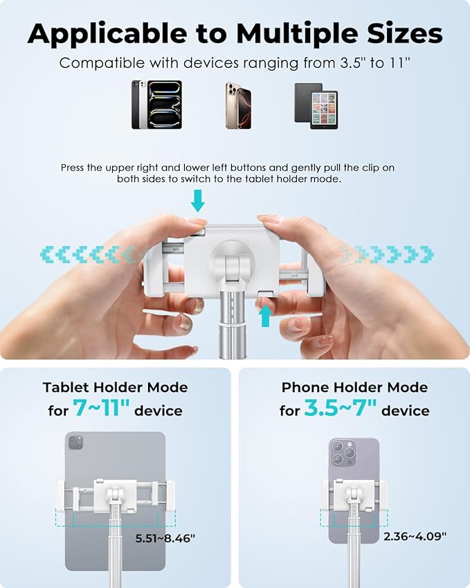 Viozon Tablet Floor Stand, Height & Angle Adjustable Tablet Holder with Aluminum Alloy Arm Tube, 360° Rotation for Bed, Sofa, Desk, Compatible with 3.5-11'' iPad Pro/Air/Mini, iPhone 15/14, Kindle.
