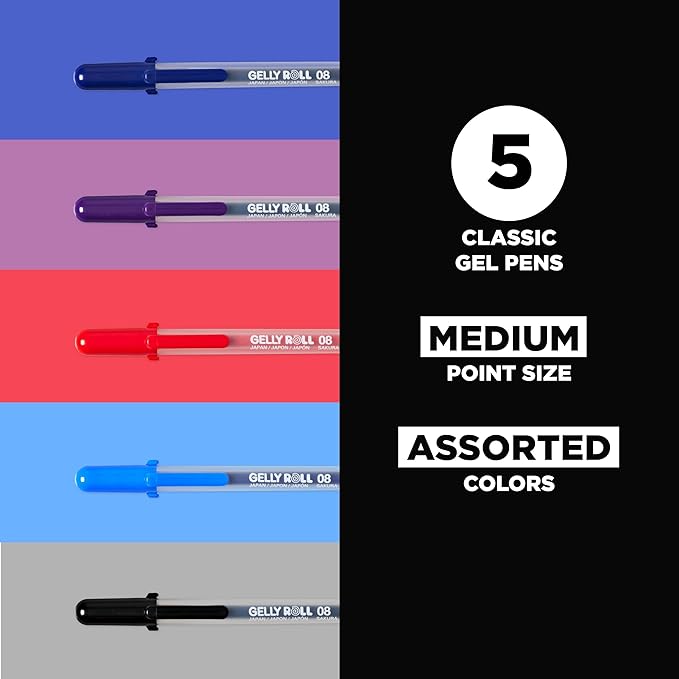 SAKURA Gelly Roll Classic, Medium Pt, 5 Colors, 5 Count