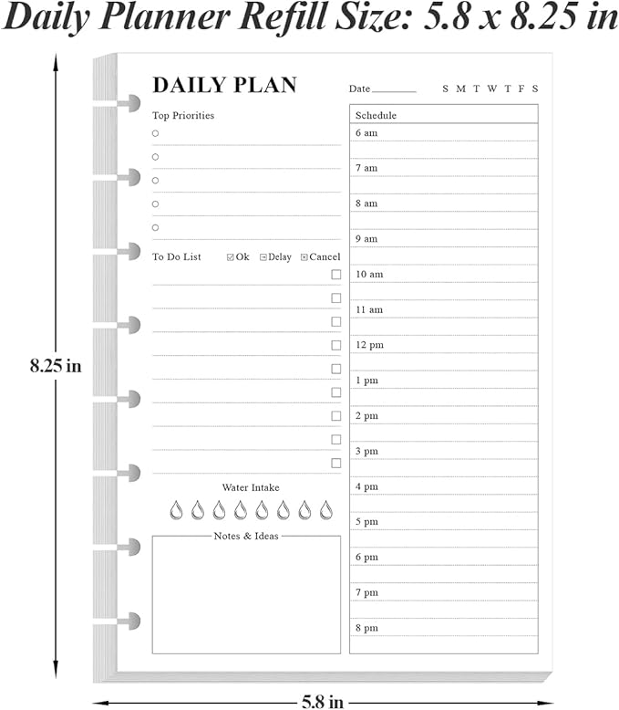 Junior Size To Do List Insert - 8-Disc Discbound Undated Daily Planner Refill for A5 Binder,100 Sheets/200 Pages Planner and Lined Refill, 100 gsm White Paper, 5.8'' x 8.3''