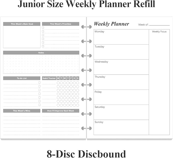 Weekly Planner Undated Refills - Junior Size 53 Sheets/106 Pages Weekly Planner for 8-Disc Discbound, 100 gsm White Paper, Lasts 1 Year, Undated, 5.8" x 8.3", Black