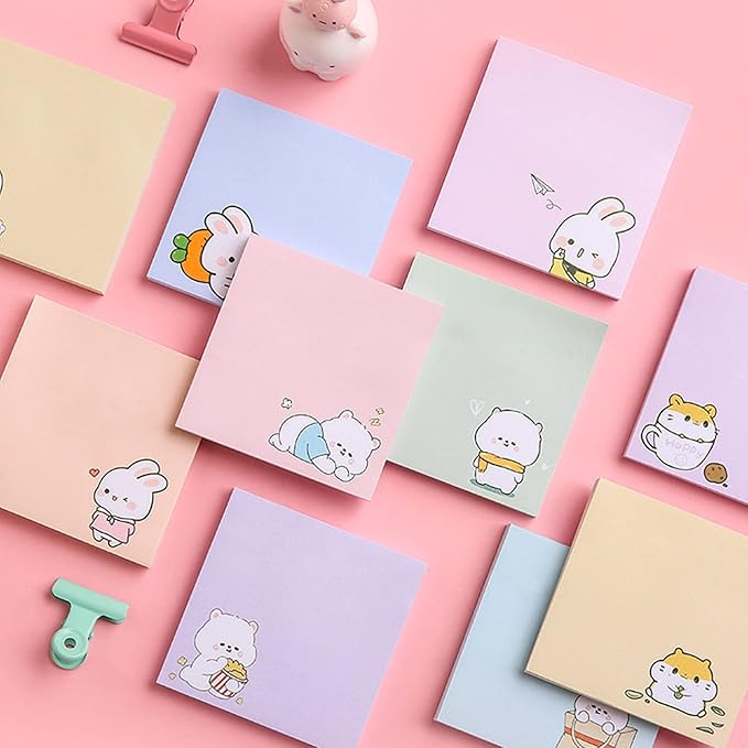 4 Pack 80Sheets Per Pack 3.15x3.15in Self-Stick Note Pads, Kawaii Sticky Notes,Cute Sticky Notes,Korean Sticky Notes,Cute Stationary,Cute School Supplies Aesthetic (Happy Rabbit)