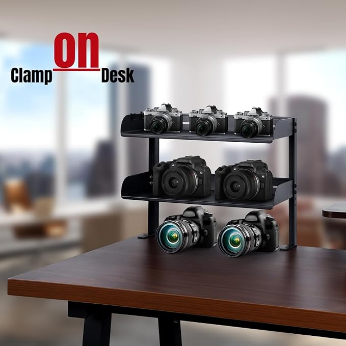 CanKing Clamp Desk Shelf 2 Layer Clip On or Under Table Organizer, Black, 15 inch