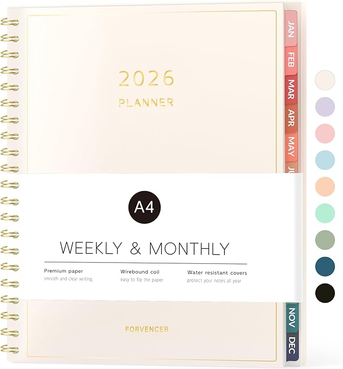 2026 Planner, Forvencer Calendar Planner Weekly and Monthly (Jan 2026-Dec 2026), 8.5" X 11", Agenda Book, Daily Journal Notebook with Tabs, Flexible Cover, Home School Organizer, A4, Off-white