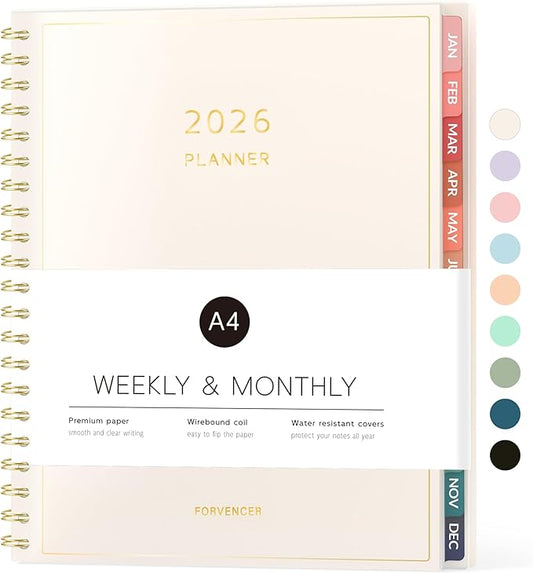 2026 Planner, Forvencer Calendar Planner Weekly and Monthly (Jan 2026-Dec 2026), 8.5" X 11", Agenda Book, Daily Journal Notebook with Tabs, Flexible Cover, Home School Organizer, A4, Off-white