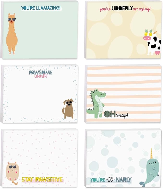 Cute Animal Pun Sticky Note Pads / 4" x 3" Clever Sticky Notes/Set of 6 Pads / 50 Sheets Per Pad/Trendy Gift Idea/Made in The USA