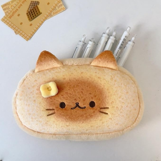 Super Cute Lovely Lucky Bread Toast Cat Pencil Case, Big Capacity Large Soft Plush Happy Kitty Fluffy Clothes Zipper Pencil Box Case, Makeup Bag Office Storage Holder Pouch Pen Bag -Siamese Cat