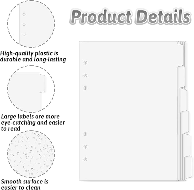 6 Pcs A5 Binder Dividers, 6 Holes Clear Binder Divider Index with Tabs Insertable Plastic Index Divider Sheets 6 Rings Planner Divider Index Page for Binder Notebook Journal Diary Memo Notepad