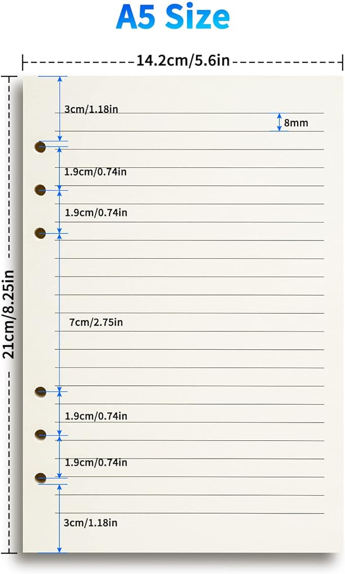 A5 Refillable Paper for 6-Ring Binders, Planner, Traveller Journal, Notebook, Dairy - 8mm Ruled Filler Paper Insert, 80 Sheets 160 Pages, Lined