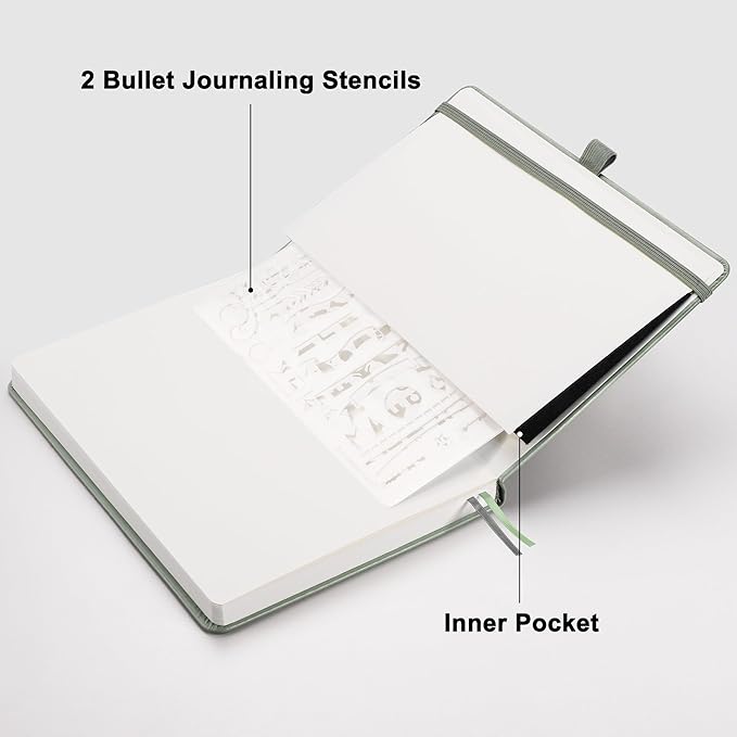 RETTACY Dotted Journal Notebook, 192 Pages, A5 Medium Size (5.7'' x 8.3''), Leather Hardcover, 100 GSM Thick Paper, for Bullet Journaling, Planning, Tracking (Sage Green)
