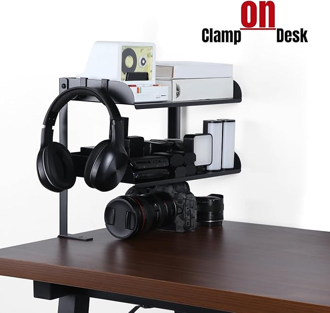 CanKing Clamp Desk Shelf 2 Layer Clip On or Under Table Organizer, Black, 15 inch