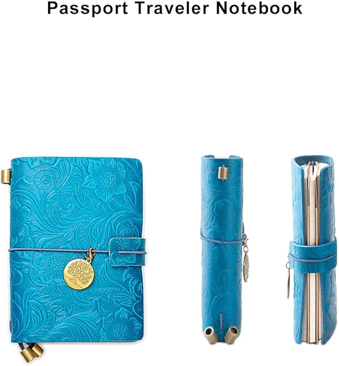 Refillable Leather Journal, Handmade Blue Leather Notebook with Bookmark for Men & Women, Vintage Notepad Sketchbook Perfect for Writing, Gifts, Travelers (Blue, Passport)