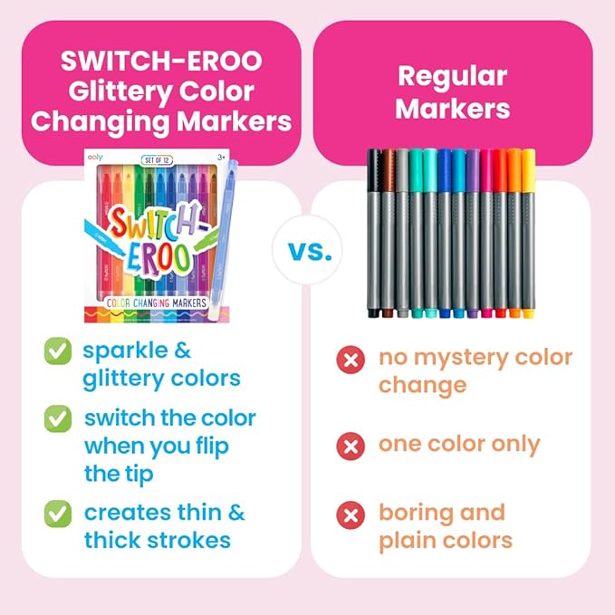 Ooly 12 Pack Sparkle Switch-eroo Color Changing Markers, Dual Tip Markers for Kids, Double Ended Chisel Tip Marker Set Great for Art Supplies, Drawing and Stationery Sets
