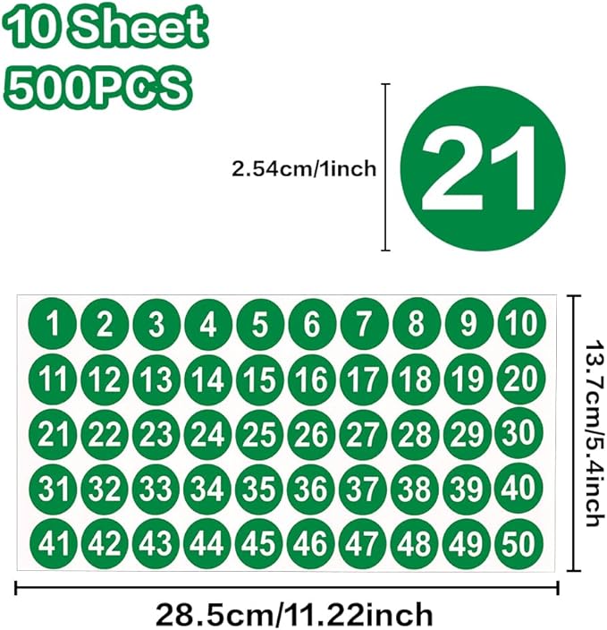 Number Stickers, Consecutive Number Stickers 1-50, 10 Sheets Round Numbers Labels, Green Small Number Sticker Vinyl Numbers Decals for Office, Classroom, Storage, Inventory, Indoor, Outdoor, 1 inch