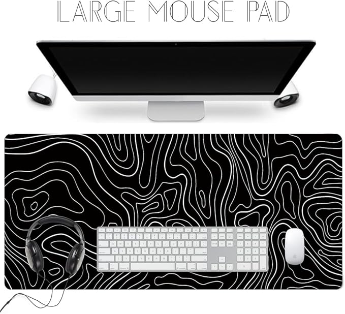 Black Topographic Large Gaming Mouse Pad Extended XXL(900 * 400 * 3MM) Mouse Mat Long Desk Pad with Stitched Edges for Keyboard Home Office Gaming Work Big Desk Mat