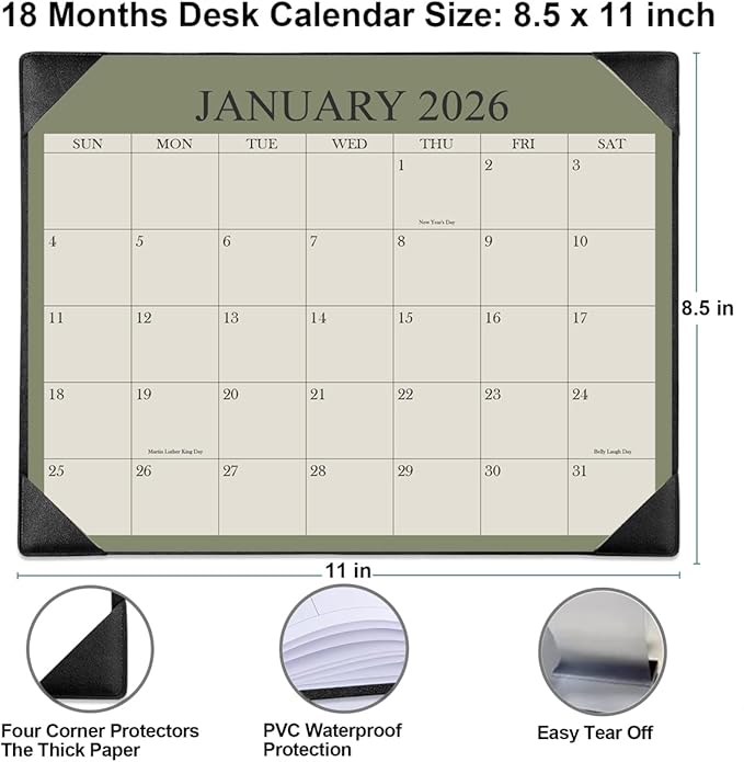 Desk Calendar 2026 with Desktop Mat, 18 Month Small Desk Pad Calendar from January 2026 to June 2027, 8.5" x 11" Desk Pad Calendar 2026 for Home, School Office, Black