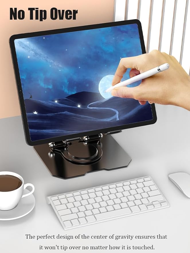 Dual 360° Rotating Tablet Stand Holder for Desk with Carbon Steel Base, Table Tablet Support with Dual Rod Adjustable Compatible for iPad Pro 13 12 11 Air Mini 5 4 3 (Silver)