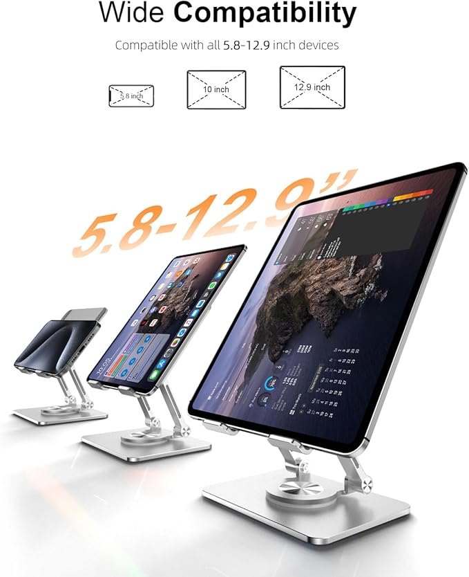 OrlianTablet Stand Holder with Thickened 360°Rotating Base Dual Rod Adjustable Aluminum Stand for All 5.8-12.9” iPad Samsung Phone Tablet Kindle E-Reader and More, Silver