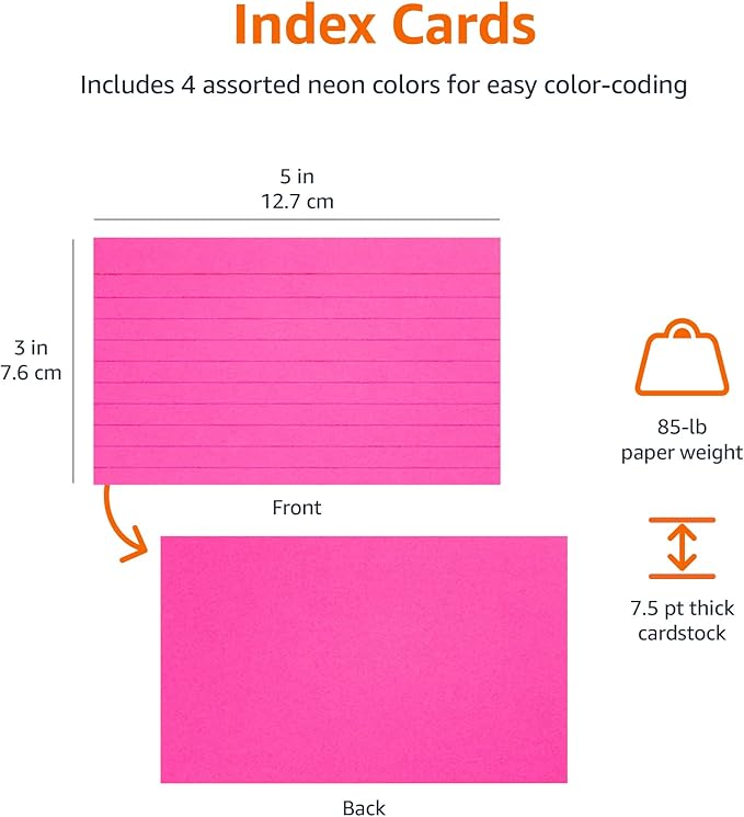 Amazon Basics Ruled Index Flash Cards for Studying and Note Taking, Assorted Neon Colored, 3x5 Inch, 300-Count (Pack of 10)
