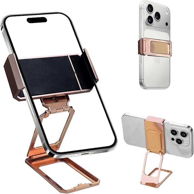 New Three Folds Clip Type 360° Folding Bracket, Travel Cell Phone Stand,3M Tape Sticker Holder, Adjustable Cell Phone Stands Compatible with All Types Smartphones (Rose Gold)