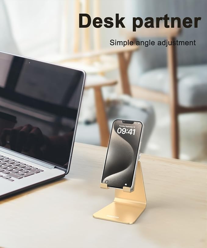 Cell Phone Stand for Desk- Adjustable Phone Stand Holder, Cradle, Dock, Desktop Stand for iPhone 17 16, 15, 14, Plus, Pro, Pro Max, 13 12 X XS,4-8" Phones, Office Accessories (Gold)