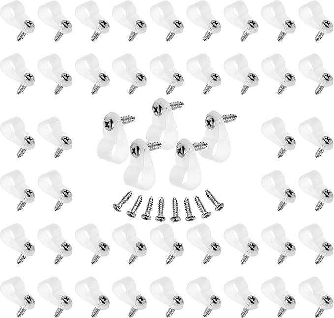 60pcs 3/8 Inch Nylon Cable Clamps, R-Type Wire Cable Clips with M4 Screws, Screw Mounting Cord Fastener Wire Conduit Clamp for Wire Management (White)
