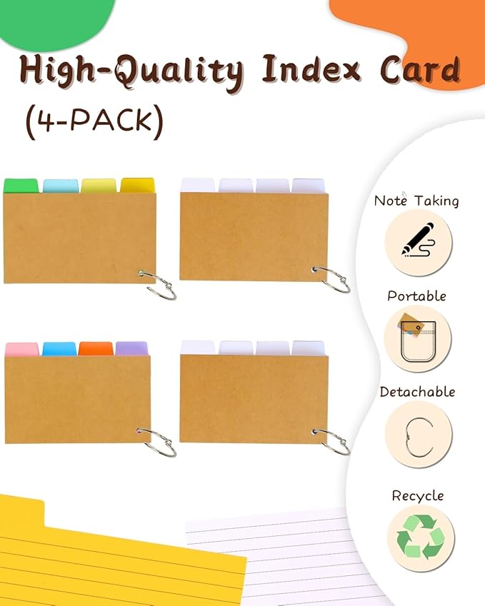 Tabbed Index Cards with Ring 3x5, Lined Colored Flash Card with Tabs, Assorted Colors Thicken Notecards School Supplies for Students Study Note Office Essentials (ColorA+ColorB+2White, 400PCS)