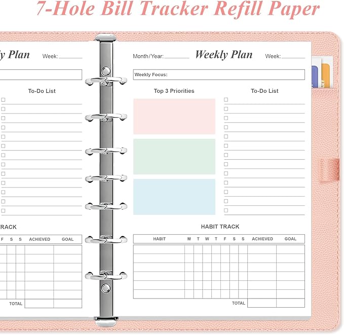 Weekly Planner Refills for 3 or 7 Ring Mini Binders - 53 Sheets/106 Pages Undated Colorful Weekly Planner, 100 gsm White Paper, Lasts 1 Year, Undated, 5.8" x 8.3"