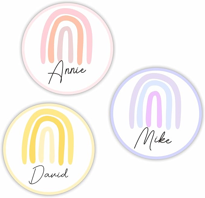 Self-Adhesive Student Name Tags -Colorful Boho Rainbow Round Name Plate Stickers for Teens -45 Pcs Multipurpose Name Label Favors Decors & Supplies for Classroom Desks Bulletin Boards School -A06