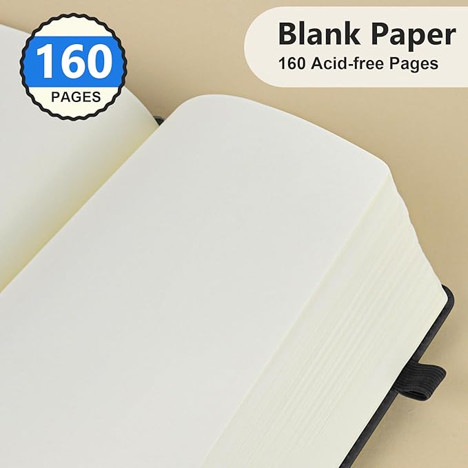 Blank Journal Ntebook for Men & Women, 160 Pages Blank Journals for Writing, Drawing,Sketch Book,5.9" x 8.5" Leather Sketchbook, Unlined Notebook for Work, School, Art (Black)