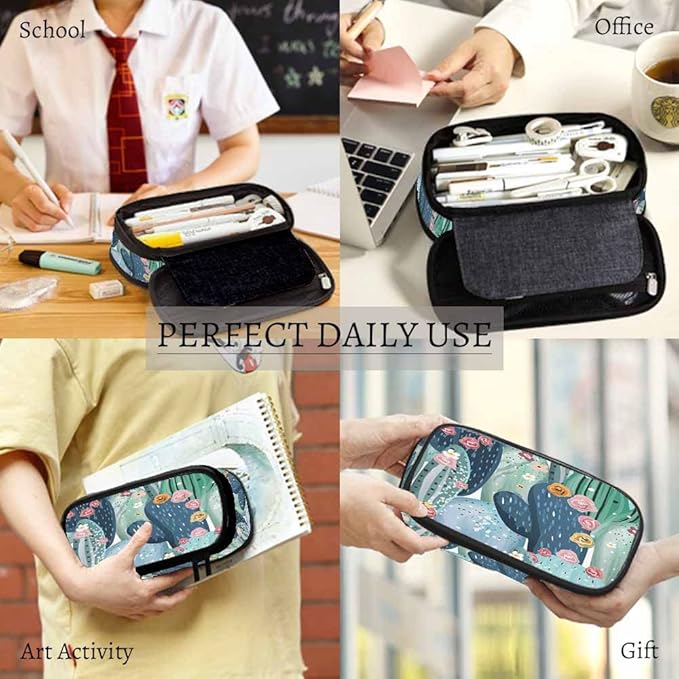 Yekiua Cacti Succulents Pencil Case Beautiful Pastel Vintage Flowers Big Capacity Pencil Pouch Office College Makeup Bag Pink White Yellow