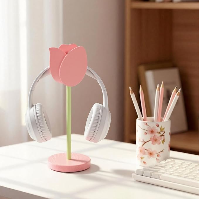 Yookeer Cute Headphone Stand Decorative Tulip Headphone Stand Cute Pink Flower Wood Desk Decor for Gamer Room Office Desk Christmas Gaming Gifts for Girlfriend Office Worker