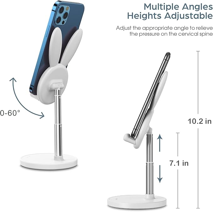 OATSBASF Cute Cell Phone Stand, Adjustable Bunny Phone Stand for Desk, Thick Case Friendly Holder Compatible with iPhone, Kindle, iPad, Switch, All Phones (White)