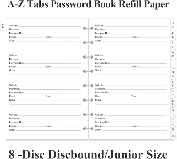 A5 TUL Discbound Password Book Refills - 8-Disc A-Z Password Notebook Refill Paper with Alphabetical Tabs, 120gsm White Paper, 5.8" x 8.3"