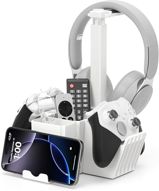 KDD Dual Controller Holder with Headphone Stand - Multi-Functional Desk Storage Box with Phone Holder - Universal Controller Stand with Desktop Organizer for Remote Control Pen Accessories(White)