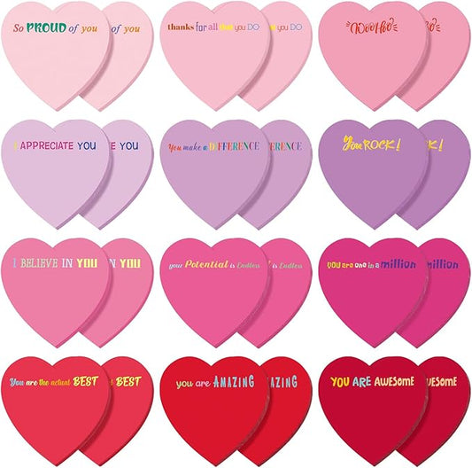 Teling 24 Pack Valentine's Day Sticky Notes Heart Shape Sticky Notes 3 x 3 Inch Appreciation Notepads Bulk Cute Memo Pads for Valentines Party Gifts School Office Supplies (Red Pink Purple)