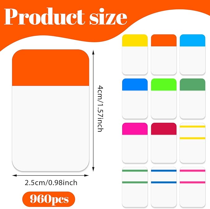 1 Inch Sticky Index Tabs Book Page, 960 PCS Sticky Tabs for Notebooks Writable and Repositionable Page Flags Colored Binder Markers Labels for Books, Binders, Papers, Documents, File Folders