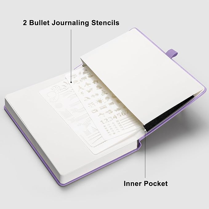 RETTACY Dotted Journal Notebook, 192 Pages, A5 Medium Size (5.7'' x 8.3''), Leather Hardcover, 100 GSM Thick Paper, for Bullet Journaling, Planning, Tracking (Purple)