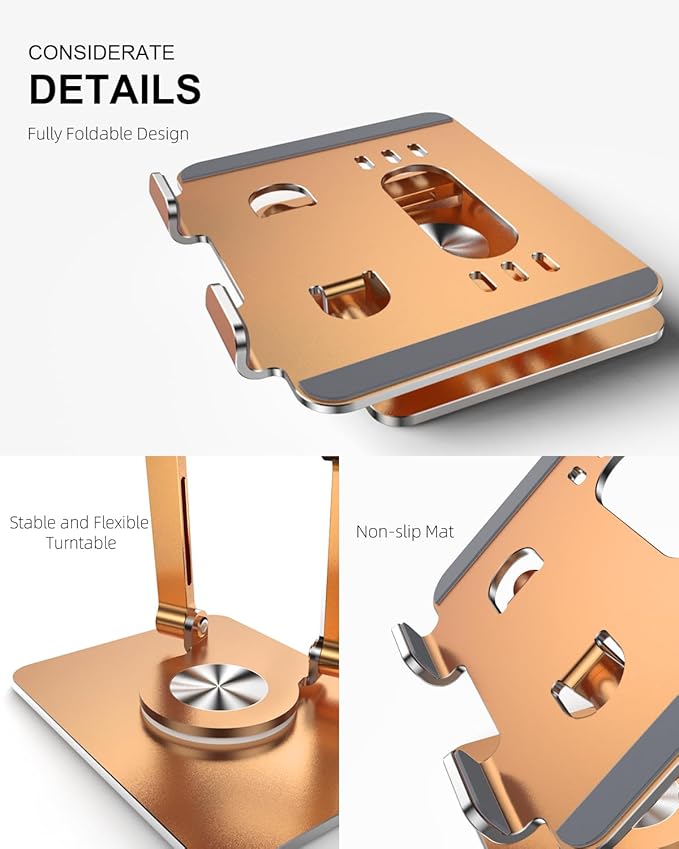 OrlianTablet Stand Holder with Thickened 360°Rotating Base Dual Rod Adjustable Aluminum Stand for All 5.8-12.9” iPad Samsung Phone Tablet Kindle E-Reader and More, Gold