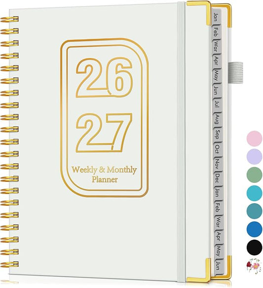 Planner 2026-2027, 18 Months Weekly and Monthly Hardcover Planner, January 2026 - June 2027, 8.5" x 11" A4 Large Daily Calendar Planner Book with Tabs, Spiral Yearly Agenda Organizer Notebook for School Work Home, White