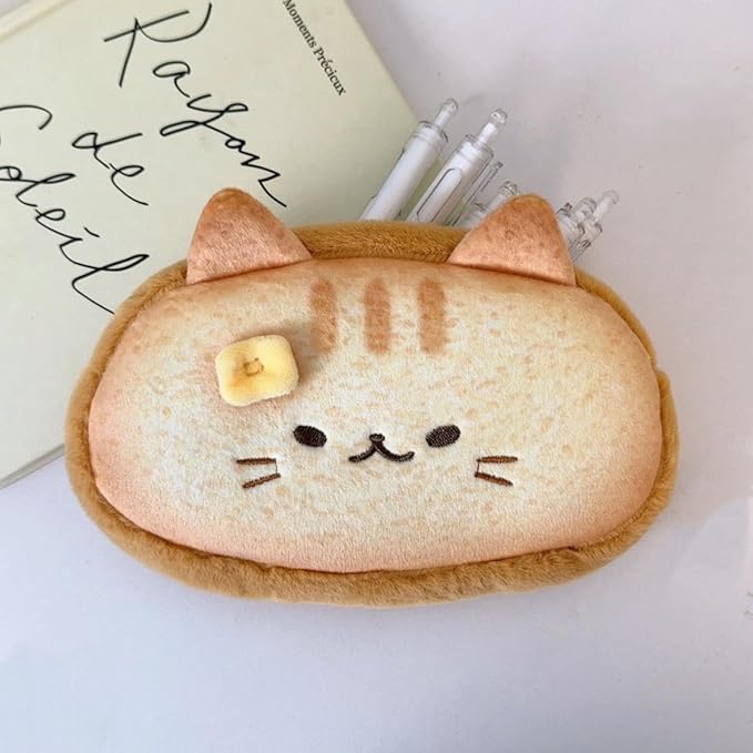 Super Cute Lovely Lucky Bread Toast Cat Pencil Case, Big Capacity Large Soft Plush Happy Kitty Fluffy Clothes Zipper Pencil Box Case, Makeup Bag Office Storage Holder Pouch Pen Bag -Ginger Cat