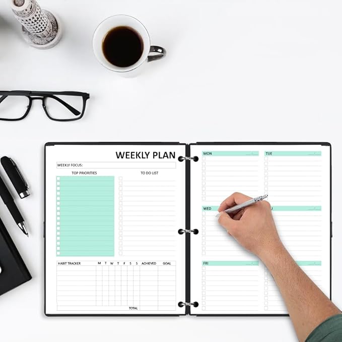 Letter Size Undated Weekly Planner Refills,53 Sheets/106 Pages Undated Colorful Weekly Planner,A4 Planner Inserts,3 Holes pouched,Weekly Plan (Left), Daily Details (Right), Lasts 1 Year, 8-1/2" x 11"