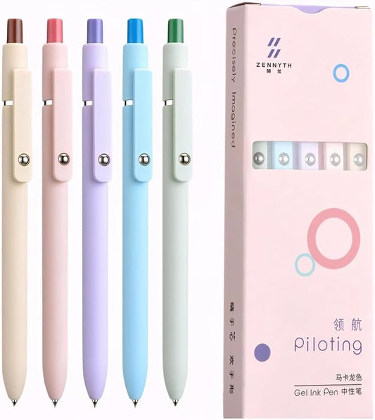 Macaron Color Gel Ink Pens for Journaling & Note-Taking, 5-Pack 0.5mm Fine Point Smooth Writing Retractable Pens - No Bleed or Smudge - Minimalist Pastel Gel Pens for Office & School Supplies