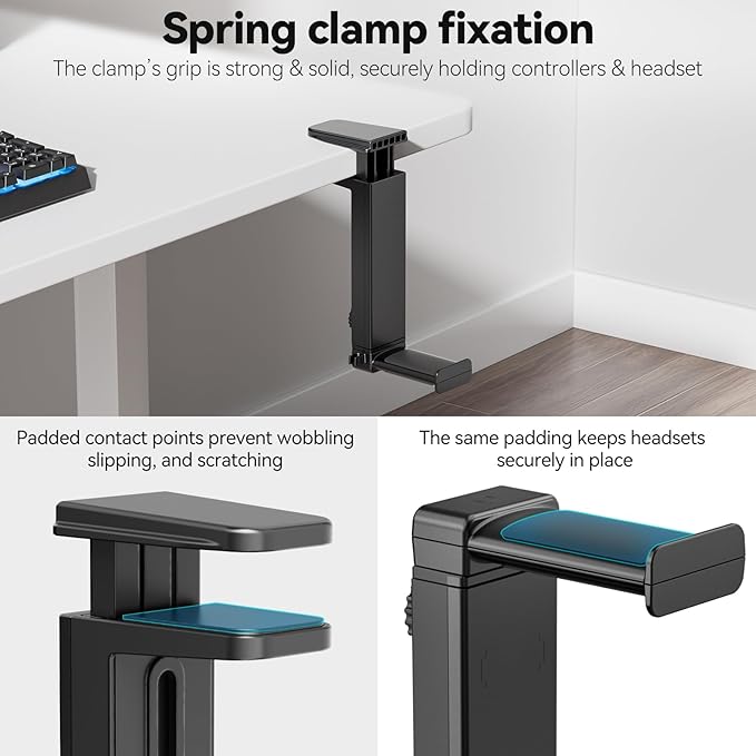 Headphone Stand Under-Desk or Headset Holder Above-Desk, Headphone Hanger & Headset Hook Under Desk Mount with Spring Clamp & Height Adjustable & Cable Clip for Gaming Gift Accessories. PC Game Headsets