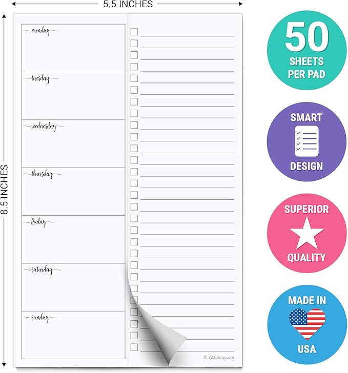 321Done Weekly Plan with Checklist Notepad – 50 Sheets (5.5x8.5) Small – Made in USA - Two Column, Minimalist To-Do Planning Memo Pad, Simple Planner Schedule Inserts Monday Start