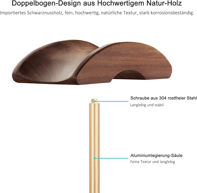 Headphone Stand, Walnut Wood & Aluminum Headset Stand, Nature Walnut Gaming Headset Holder with Solid Heavy Base for All Headphone Sizes (Gold)