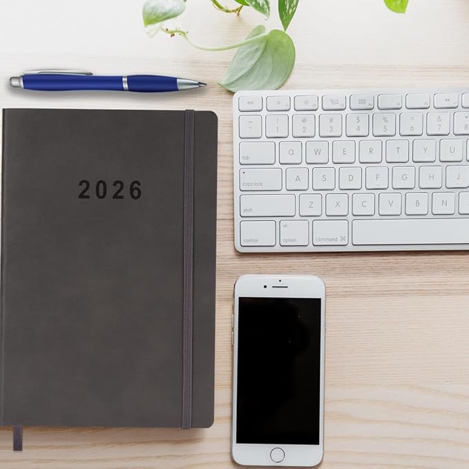 2026 Planner - Weekly and Monthly Planner, Jan 2026 - Dec 2026, Holidays, Contacts and Notes Pages, Vegan Leather Cover, Elastic Closure, 5.5”x8.25”, Grey
