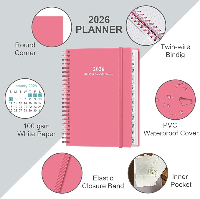 Planner 2026 - A5 Weekly & Monthly Planner Spiral Bound, January 2026 - December 2026, with Flexible Cover, Tabs, Inner Pocket, 6.4" x 8.5", Pink
