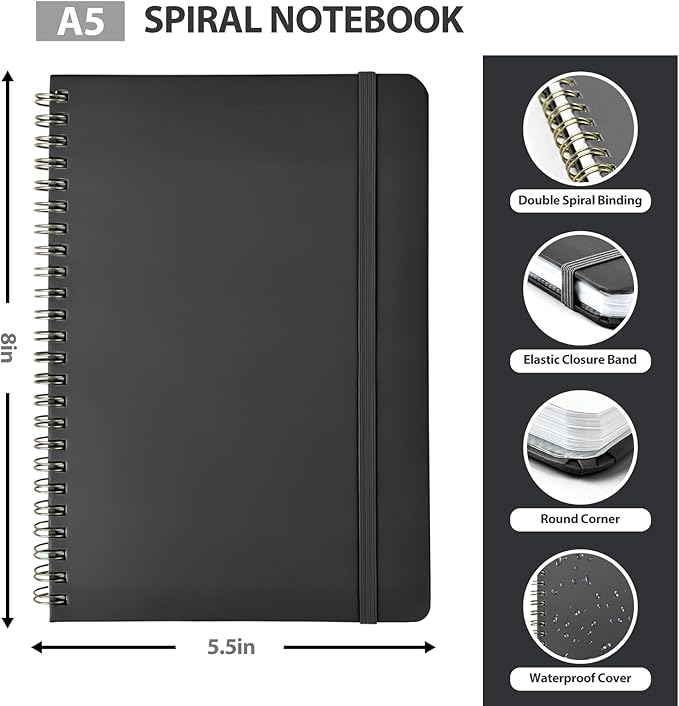 Journaling Notebooks, A5 Lined Spiral Notebook for Women & Men, 146 Pages College Ruled Hardcover Note Book for Work, Note Taking, Journaling, School, Writing (BLACK)